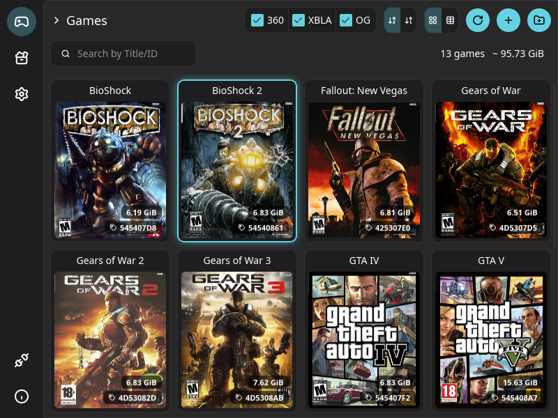 The app showing a grid of Xbox 360 games with their box art, sizes and title IDs.